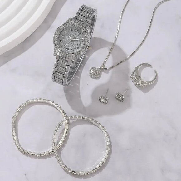 6PCS Women Jewelry Set - Luxury Elegant Alloy Crystal Wristwatch, Necklace, etc